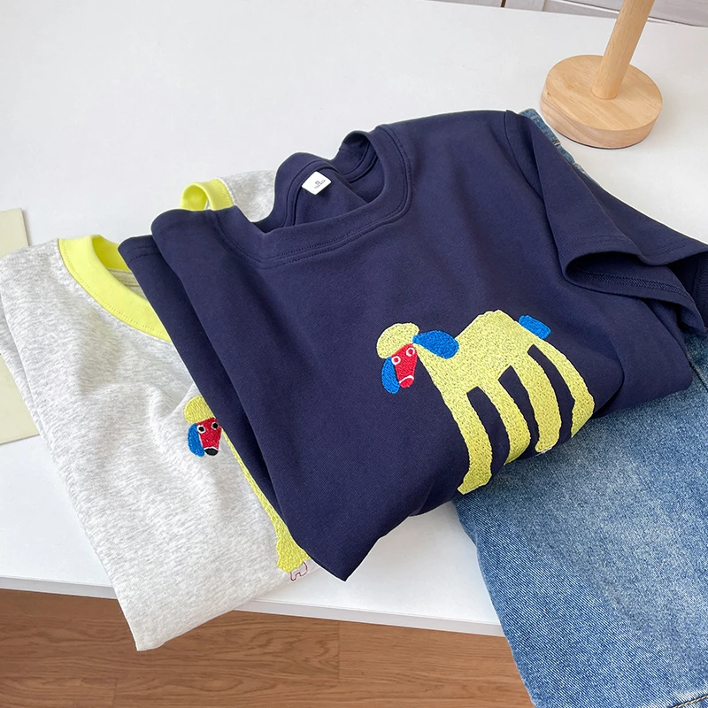 韩版夏季卡通刺绣圆领短袖T恤女新款正肩显瘦上衣减龄可爱小狗狗