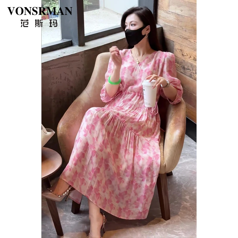 粉色收腰碎花连衣裙女2025春季新款法式御姐风海边度假显身材长裙