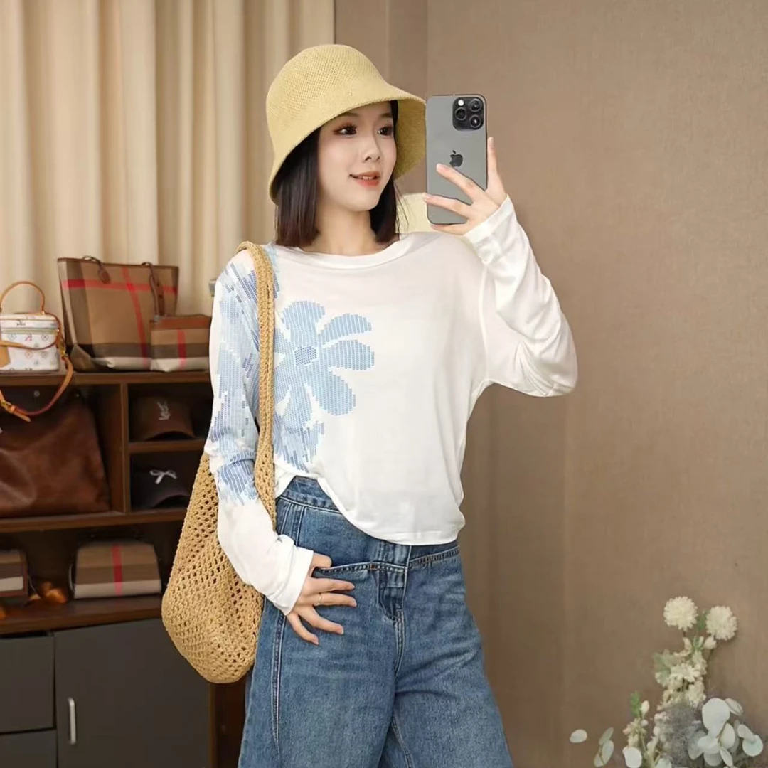 B【法式花朵】天丝面膜T恤女2025秋装新款女装薄款长袖防晒衣潮流