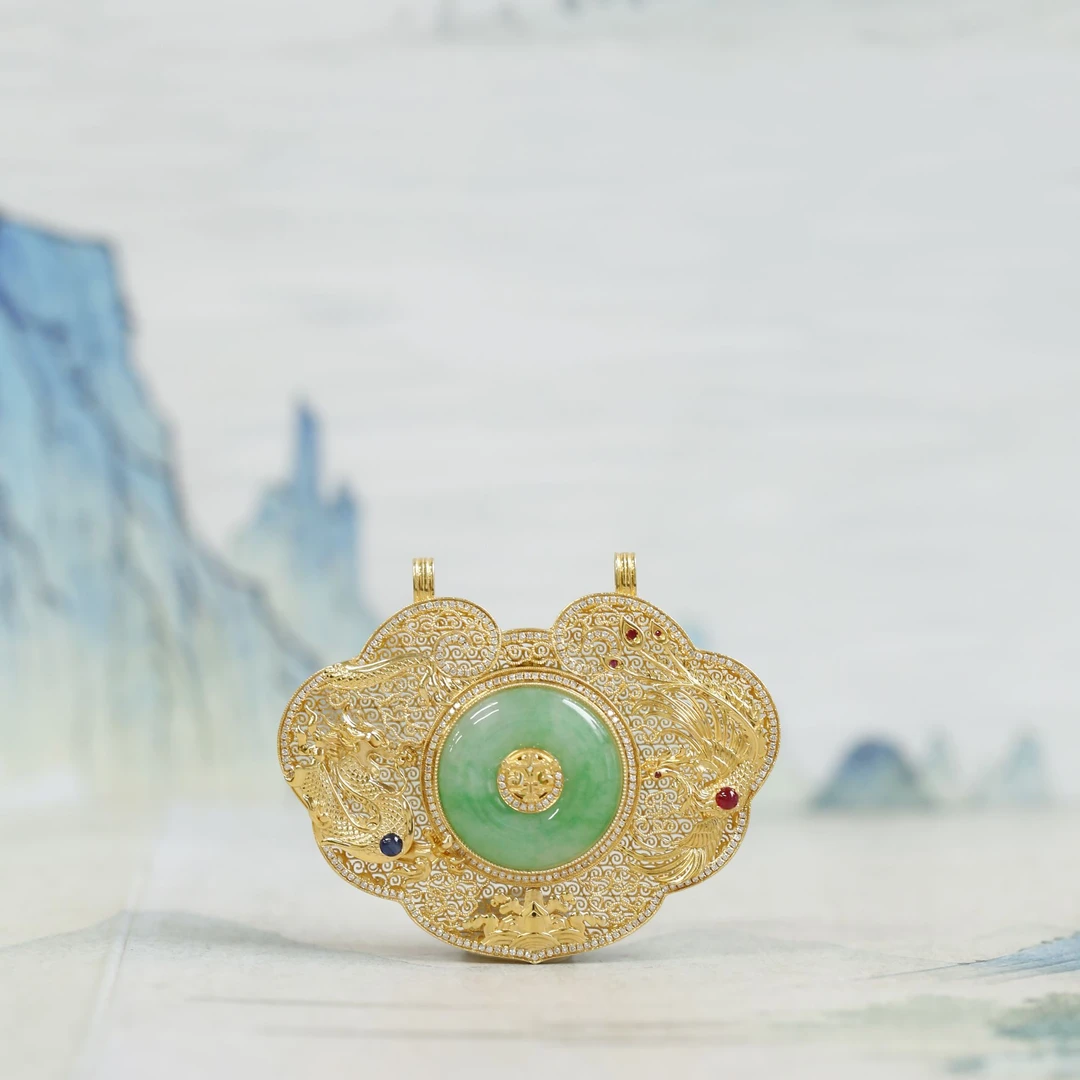 东方俪DOFUNLY【日星隐】翡翠18K金龙凤呈祥平安扣吊坠FCDZ空谷