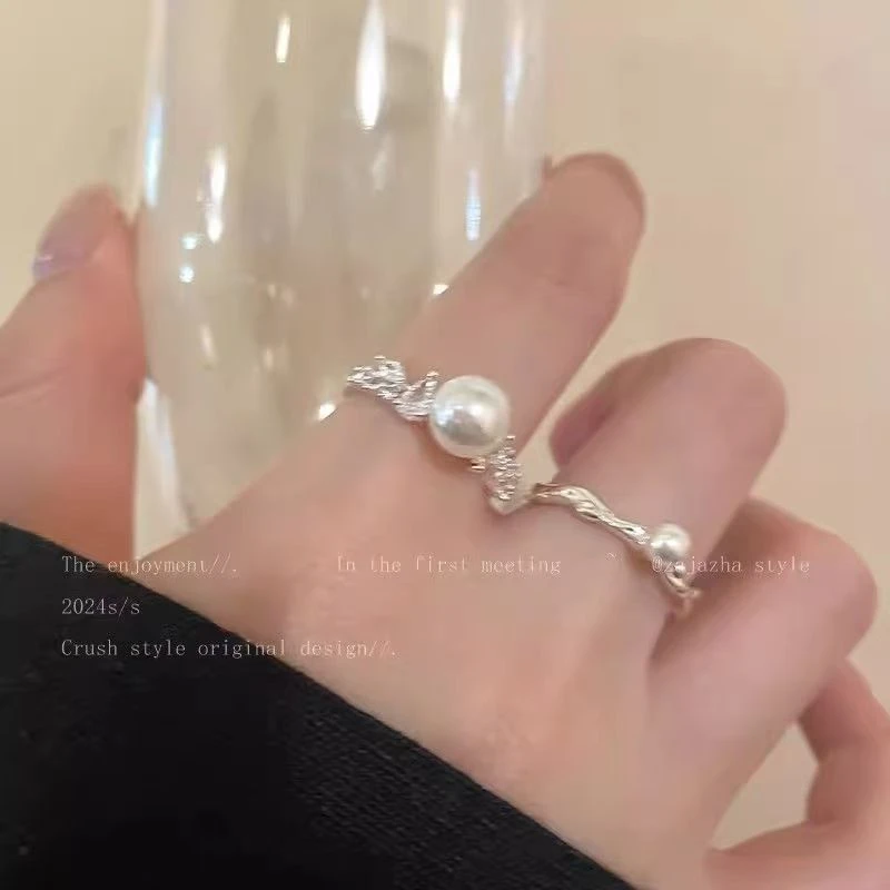 钛钢仿珍珠戒指 两件套开口戒指女2025年新款气质食指戒小众设计b