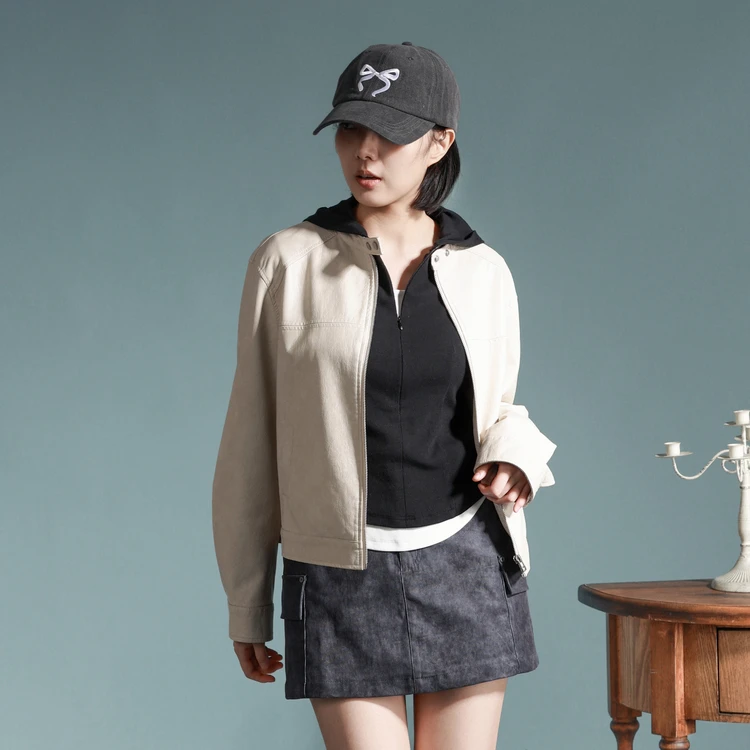 西町村屋简约通勤拼接皮衣女春季新款气质短款百搭外套XHAA10112