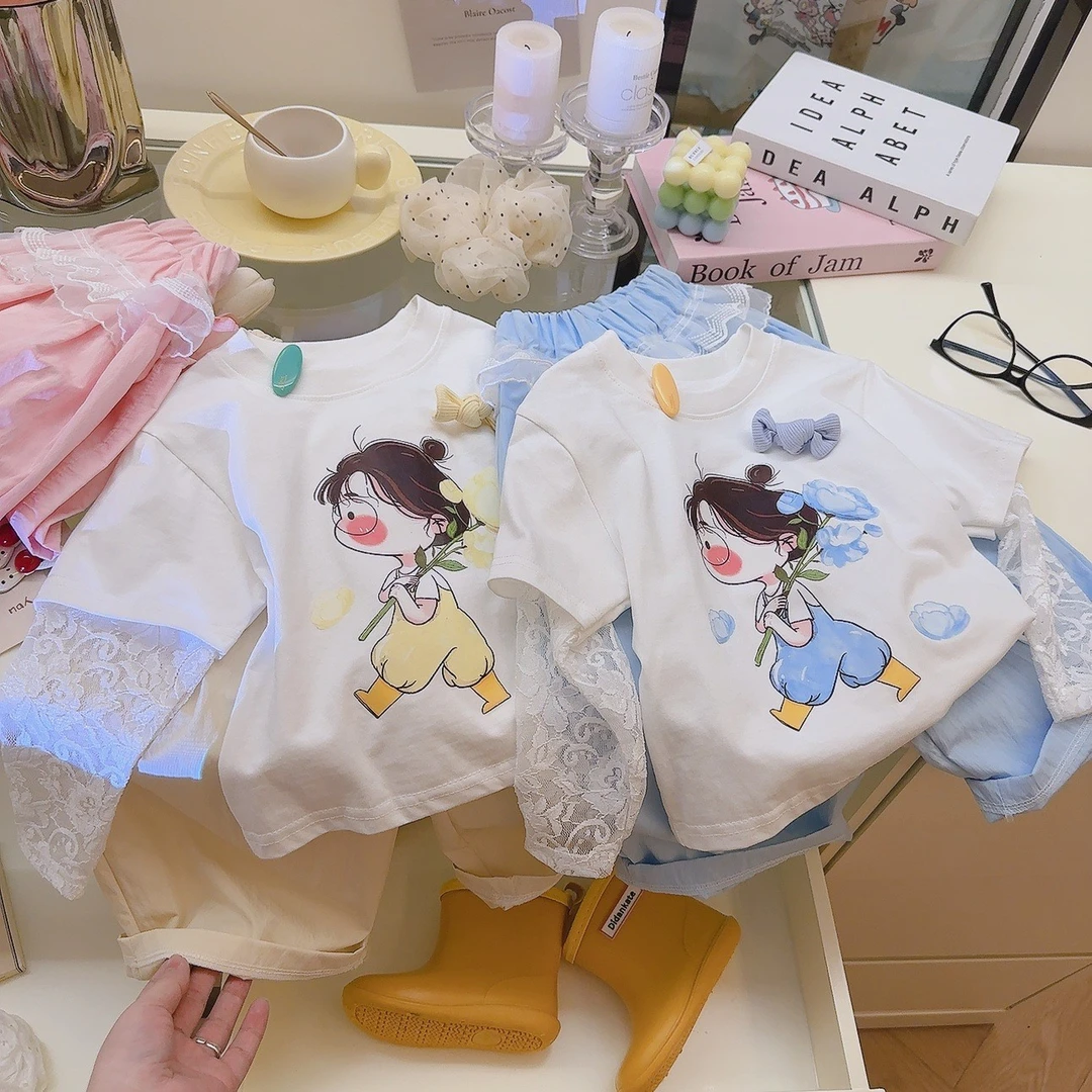 女童防晒衣半袖套装纯棉童装女宝宝白色假两件上衣儿童洋气衣服