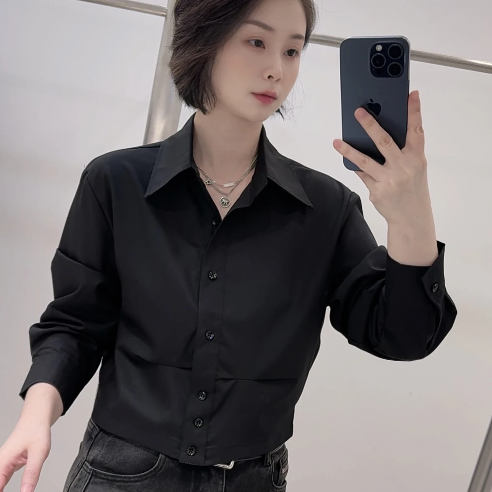 【2508】春秋短款设计感韩版短款长袖宽松衬衫时尚气质上衣