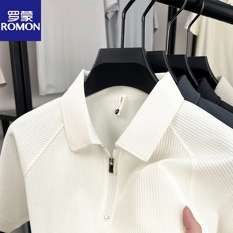 罗蒙高级感中青年纯色半袖拉链男Polo衫半袖宽松韩版潮流百搭夏季