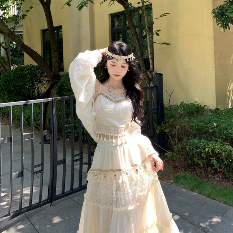 波西米亚风流苏吊带短上衣套装裙高级感仙女气质抹胸半身裙两件套