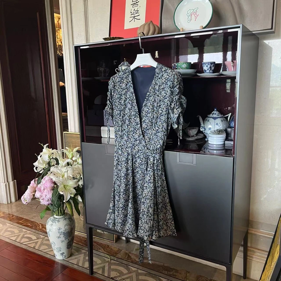 MYL 2024夏季新品粘胶印花连衣裙V领短袖休闲中长款气质长裙