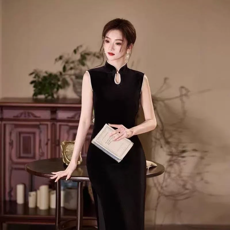黑色女江南烟雨中式夏季年改良连衣裙2025复古修身旗袍日常女