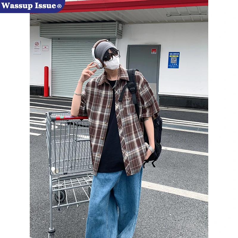 WASSUP ISSUE美式痞帅高街潮牌短袖格子衬衫男款夏季宽松休闲衬衣