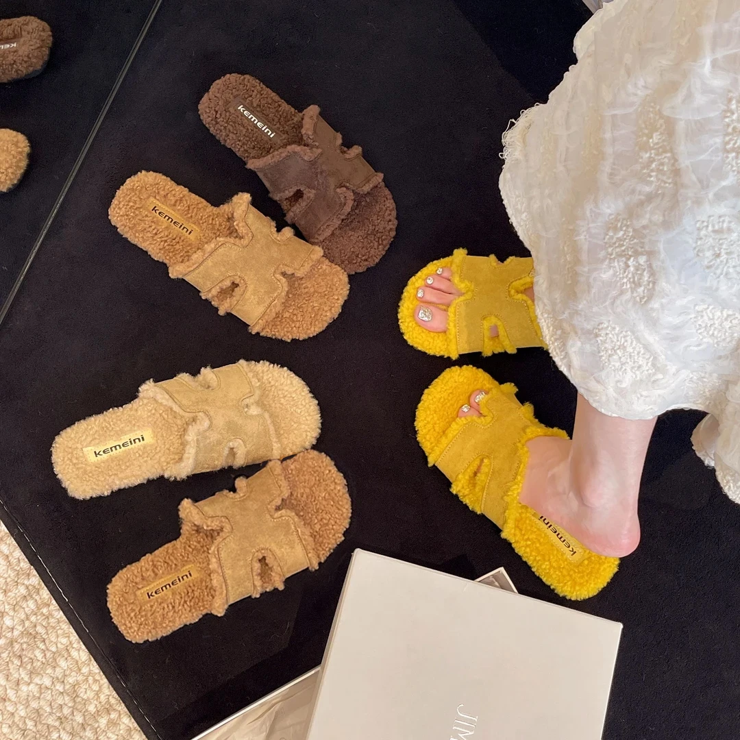 2025秋冬新款毛绒一字棉拖鞋女外穿老钱风一脚蹬毛毛拖抖音双11