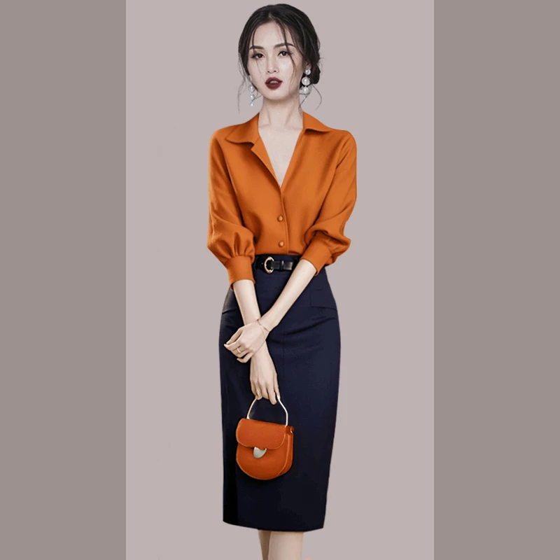 2025新款穿搭高级感干练气质女神范高端小香风橘色衬衫半身裙套装
