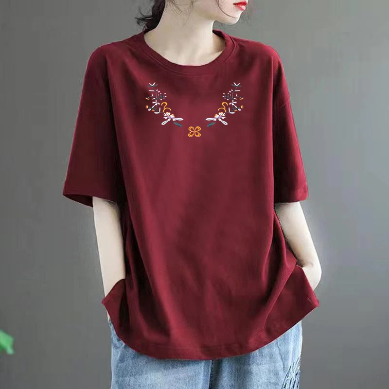 100%棉短袖T恤女夏季纯棉大码减龄国风宽松显瘦洋气休闲印花上衣