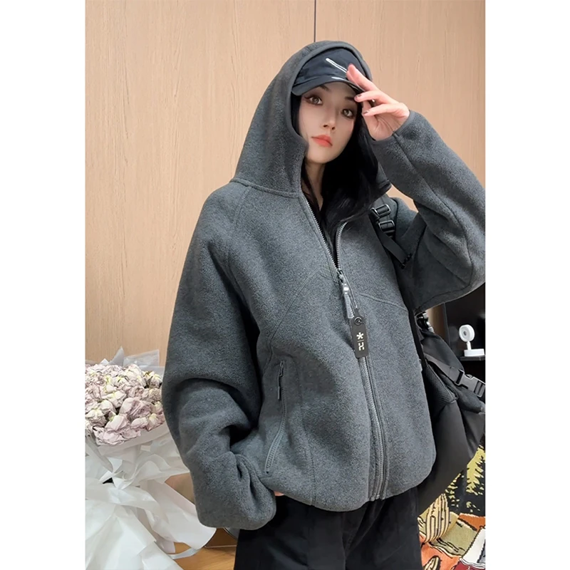 深灰色摇粒绒卫衣男女秋冬季加厚保暖外套宽松休闲连帽开衫抓绒衣