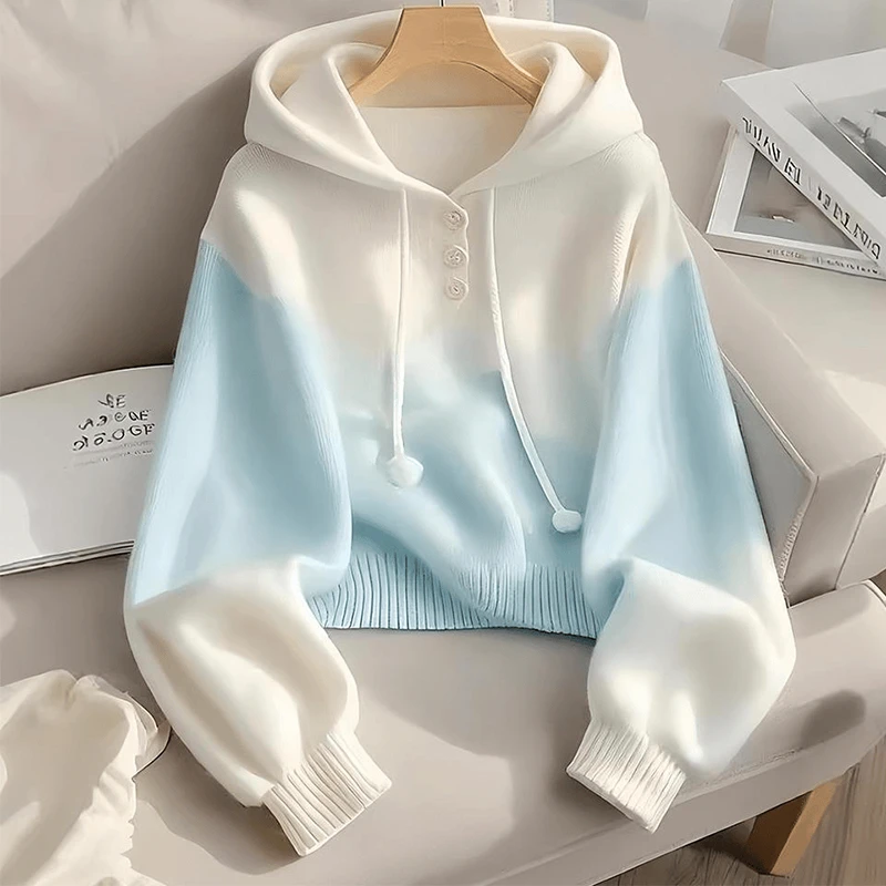 白色拼接连帽长袖毛衣针织开衫女2025早秋季新款韩版百搭薄款上衣