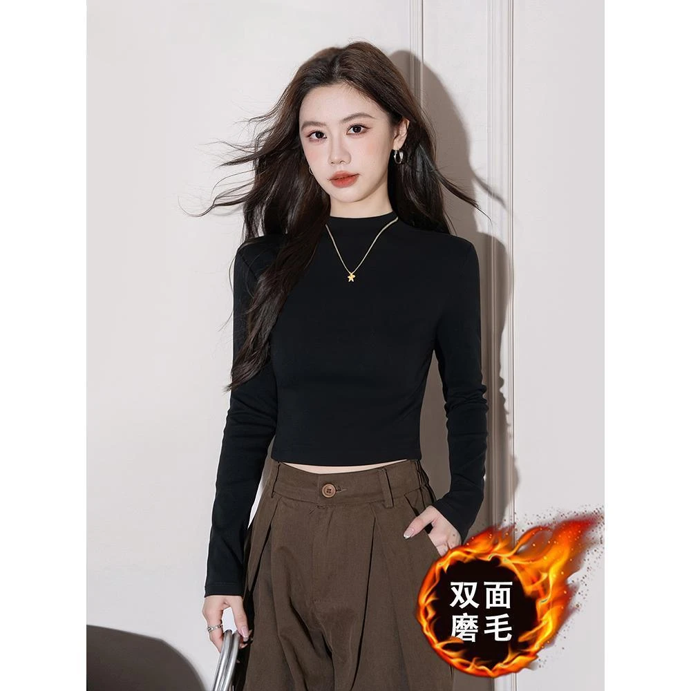黑色小高领打底衫女内搭秋冬季短款加绒加厚保暖修身长袖百搭上衣