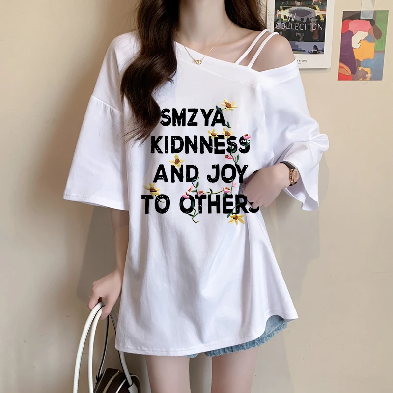 设计感露肩短袖T恤女夏季新款韩版时尚宽松中长款休闲百搭上衣潮