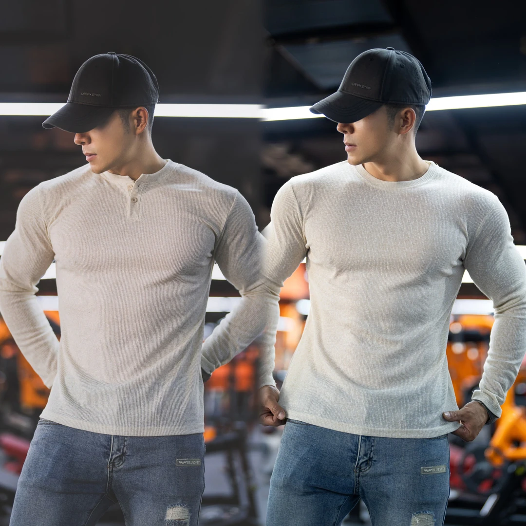 老钱风条纹肌理亨利领/圆领透气长袖男士秋季健身休闲打底衫上衣