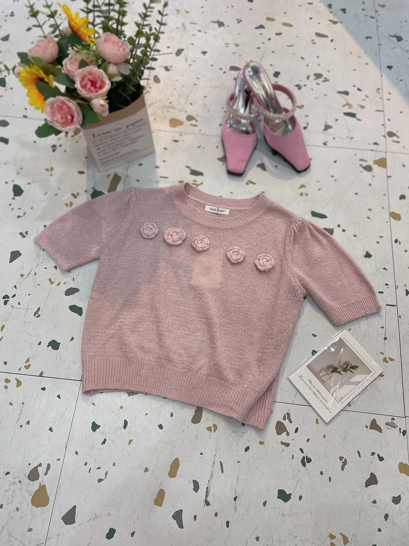 韩系ins小众时髦立体设计感玫瑰花短袖T恤女2025新款夏季针织上衣