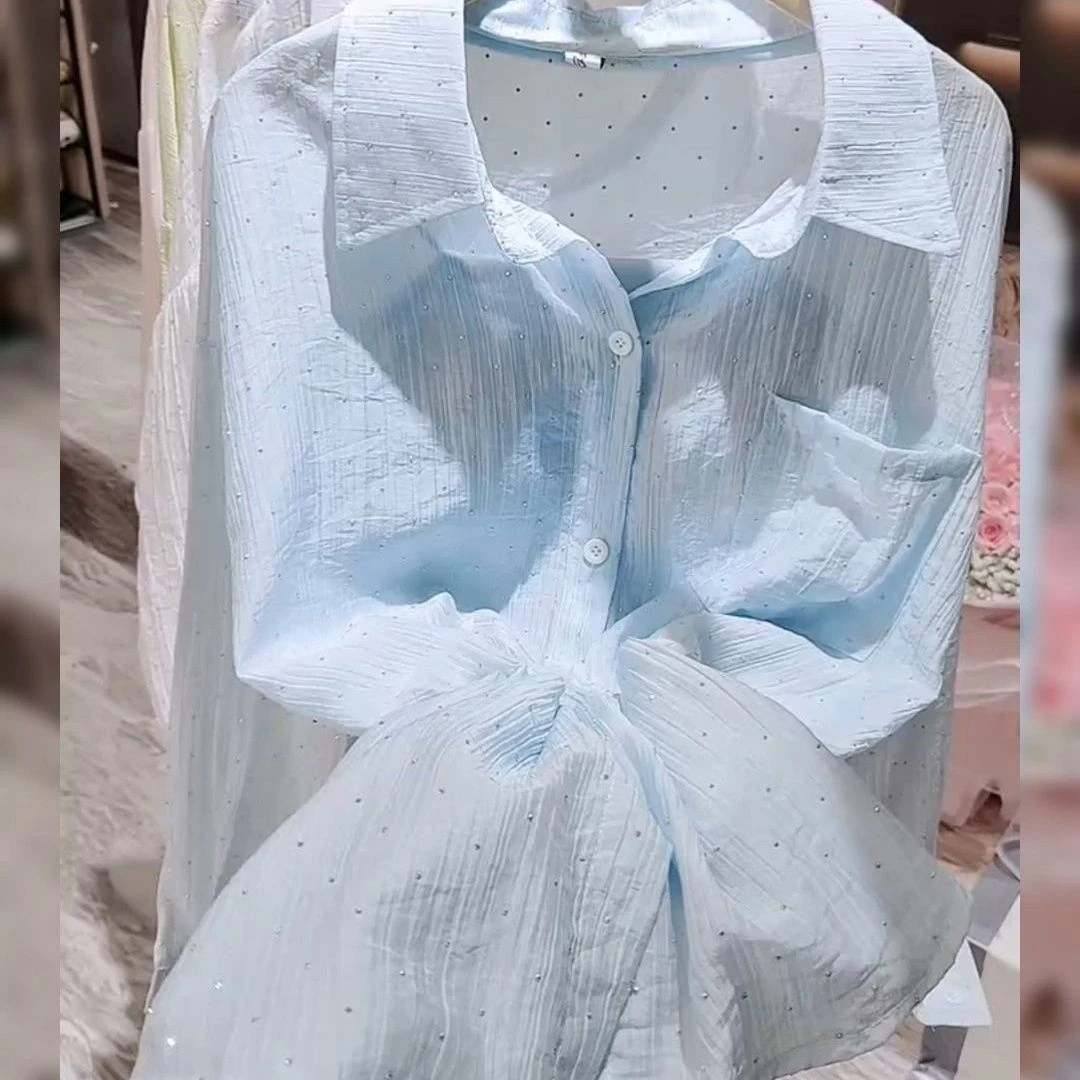 重工烫钻长袖防晒衬衫女中长款超仙设计感上衣洋气开衫POLO领外套