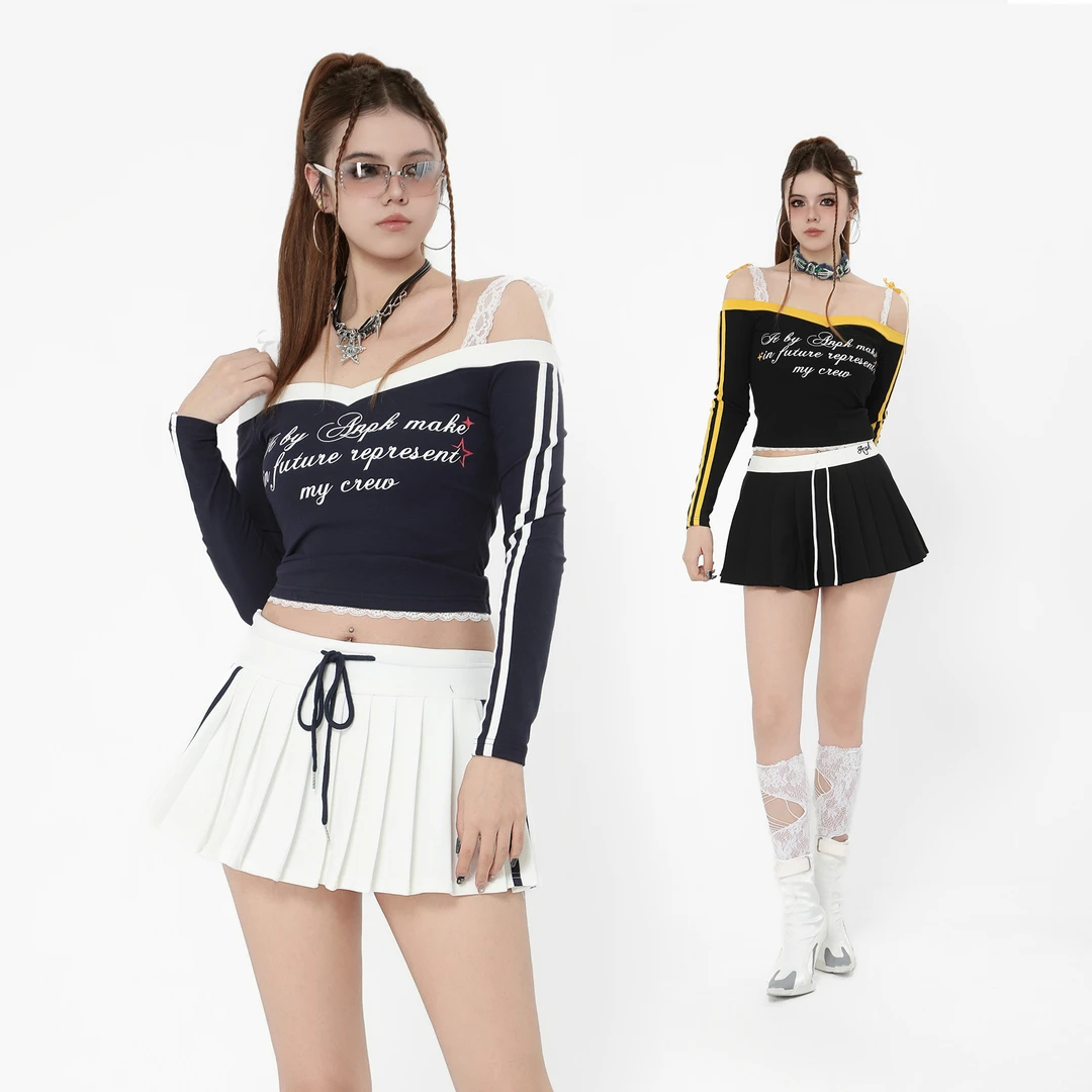 ANPK美式复古落肩T恤蕾丝拼接修身T恤时尚短款设计感A5F02C0232