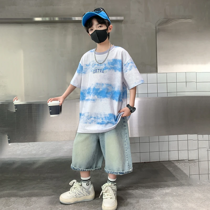 男童夏装套装2025新款帅气儿童条纹短袖男孩t恤大童夏季韩版童装