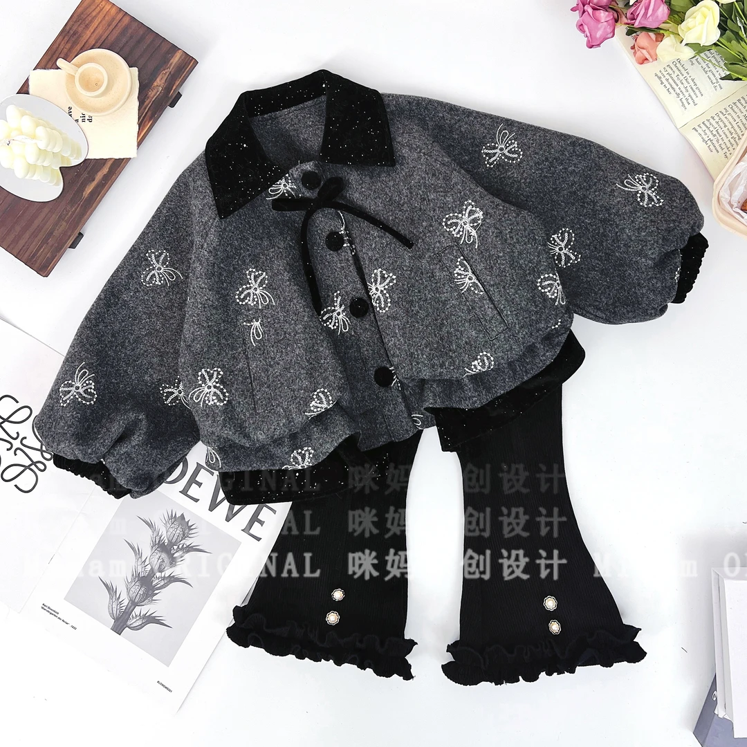 【灰与蝶】女童黑色系蝴蝶刺绣小香风套装冬季加绒时尚套装5Q699HUI