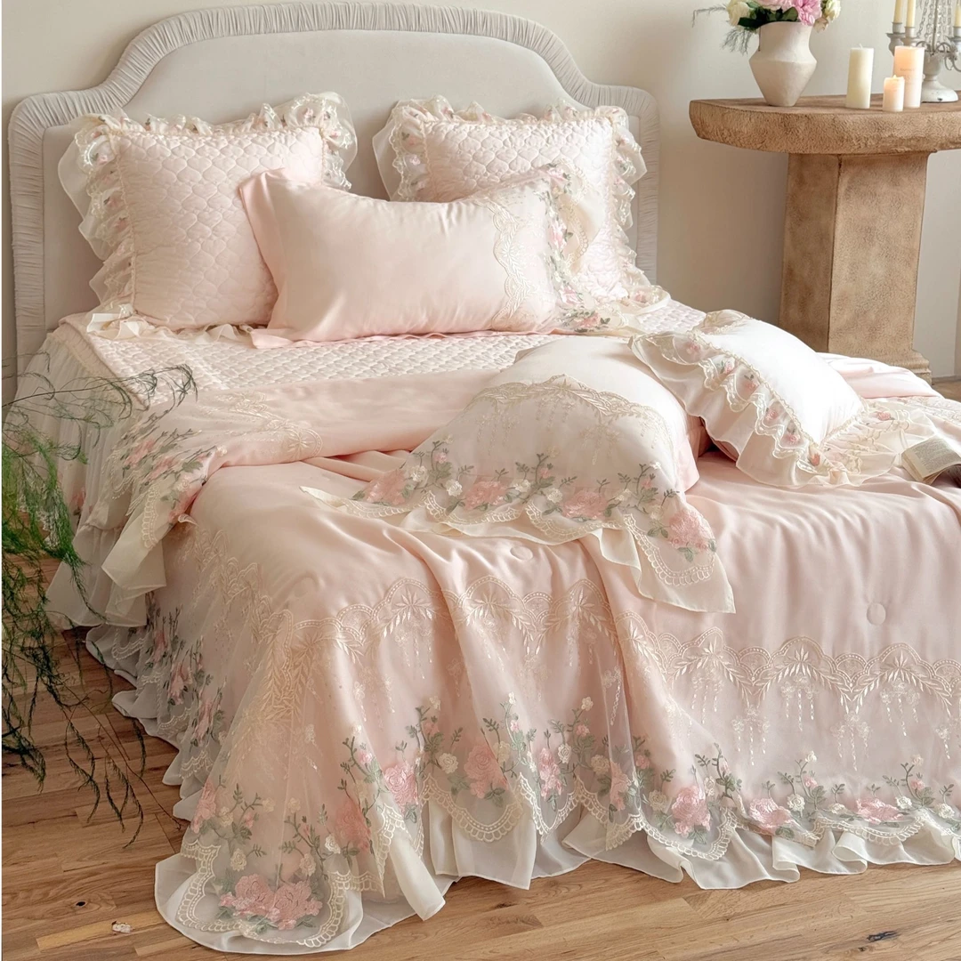 法式轻奢兰精天丝夏凉被公主风空调被蕾丝花边夏被奶油风空调薄被