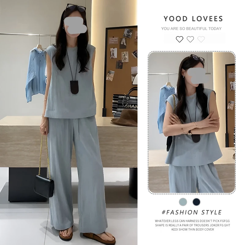 夏装减龄穿搭一整套干练气质女装套装高级感浅蓝色无袖上衣阔腿裤