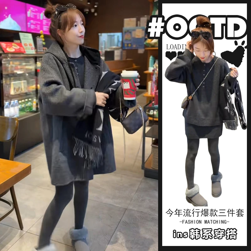 三件套显白复古港风2025秋冬美式连帽外套半开领针织毛衣高腰短裙