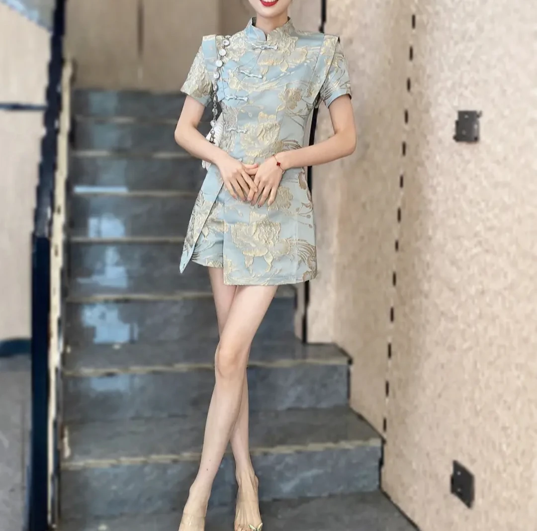 新中式国风流行套装2025夏季新款盘扣立领半袖显苗条短裤两件套女