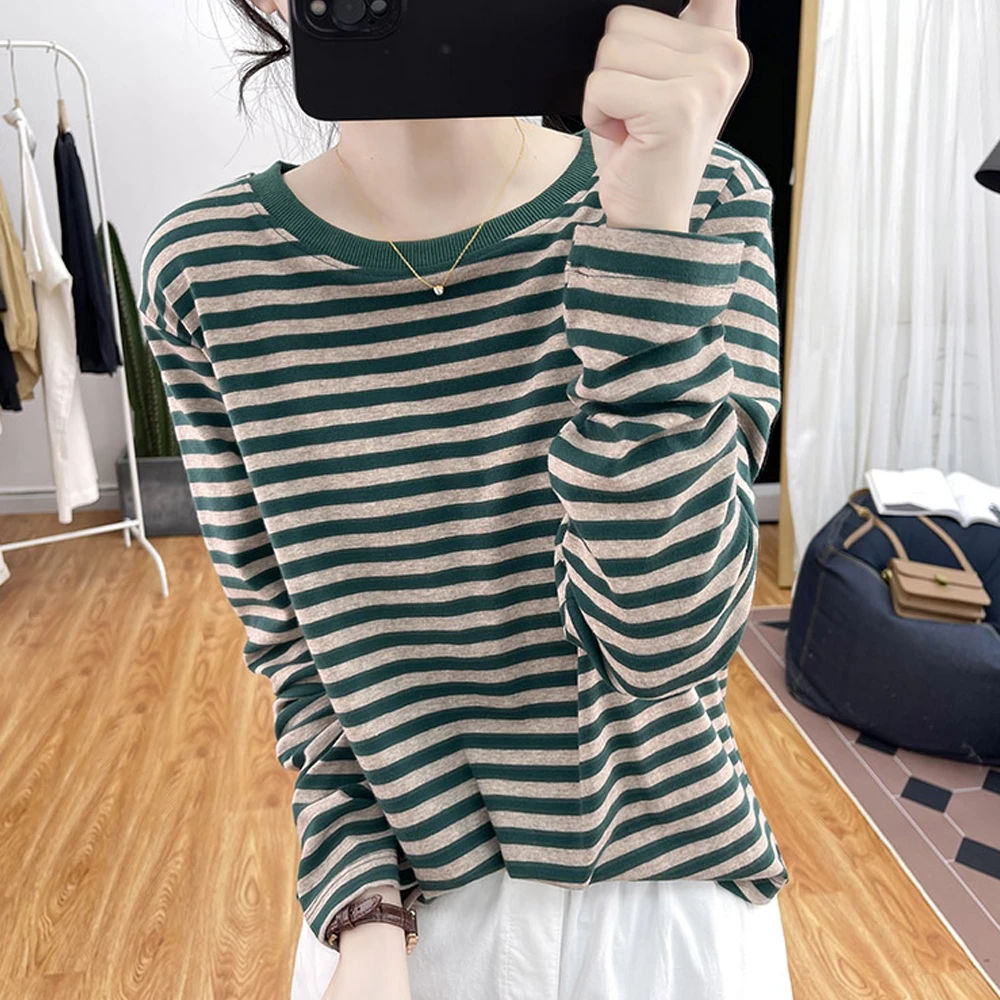 秋季薄款宽松圆领撞色减龄休闲百搭条纹T恤衫棉质基础款复古上衣