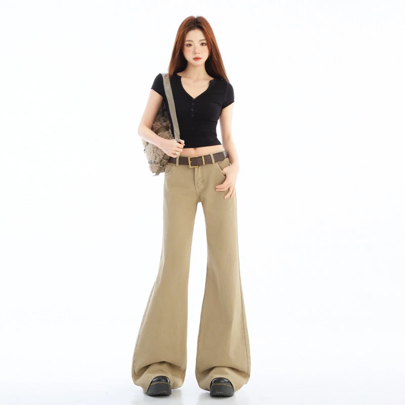 YZY卡其色低腰不贴腿微喇牛仔裤女美式复古窄版显瘦时尚牛仔长裤