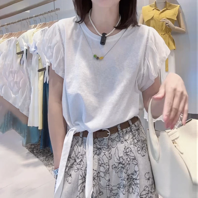 韩系洋气减龄纯色圆领大码T恤女夏季松弛显瘦镂空飞飞袖薄款上衣