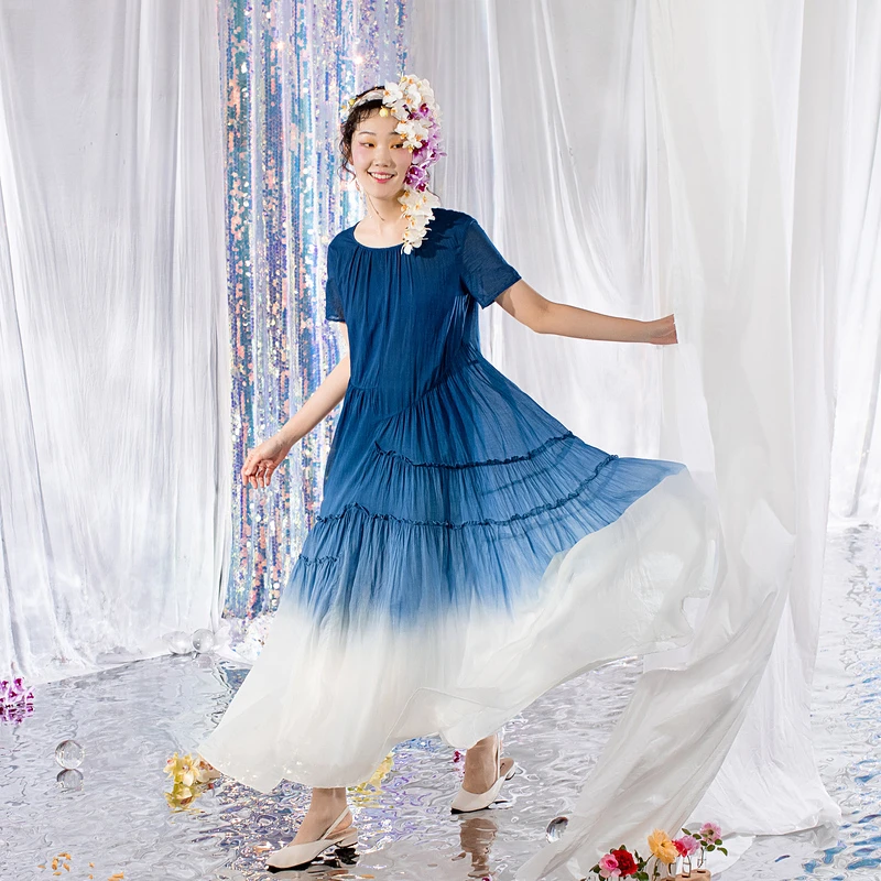 生活在左植物染系列夏季复古收腰显瘦短袖连衣裙女长裙子1922330