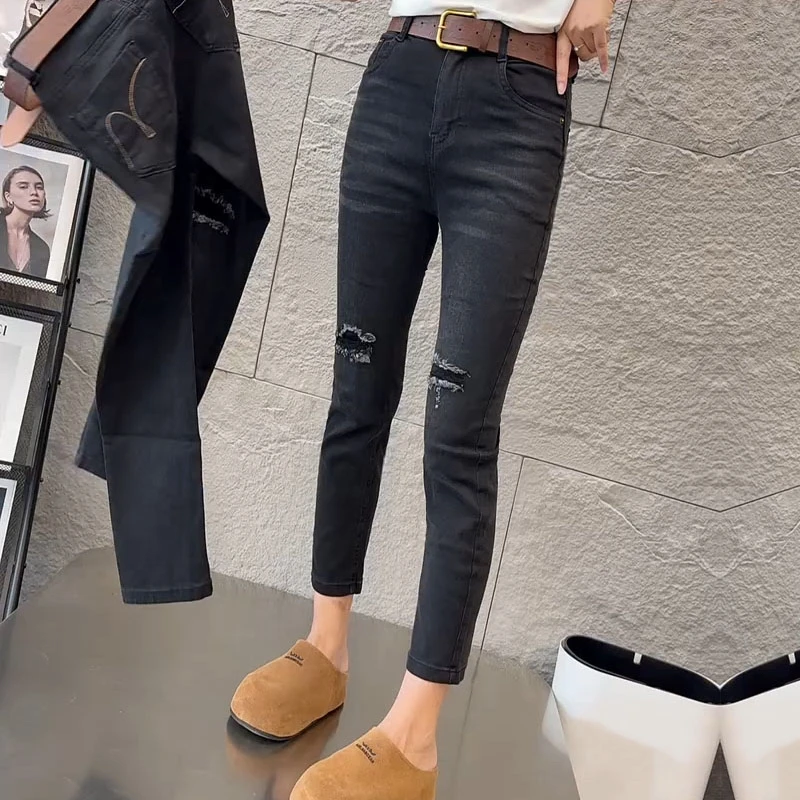 x6191秋季新款黑灰色假破洞牛仔裤女八分直筒烟管裤弹力显瘦裤子