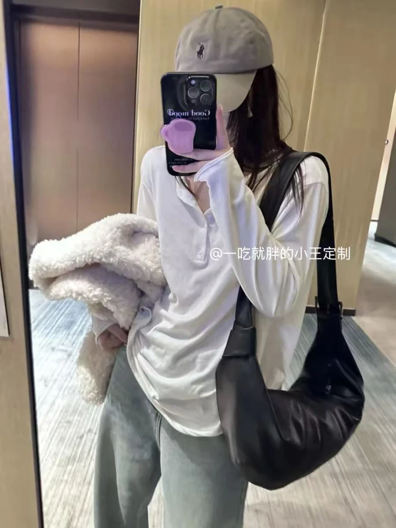 【小王家】秋冬T恤宽松型长袖拼色常规款防紫外线针织慵懒风