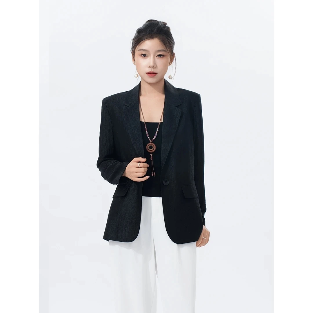 韩版高档醋酸西装秋季气质黑色外套小西装宽松休闲薄款半里衬西服