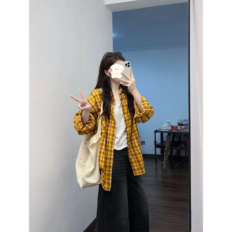 2025新款小个子慵懒风黄色格子衬衫外套女春秋季外搭衬衣长袖上衣