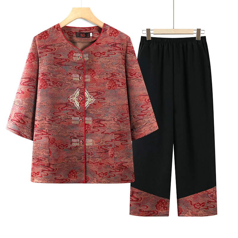 花色中老年女装新京派中老年服饰老年中年夏季薄款中国风两件套装