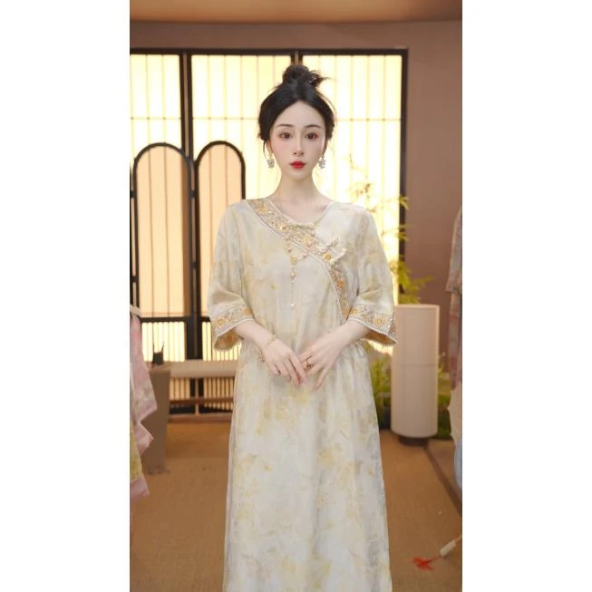 （宁安如梦）2025新中式改良斜襟春夏季女装宽松连衣裙FB2503264