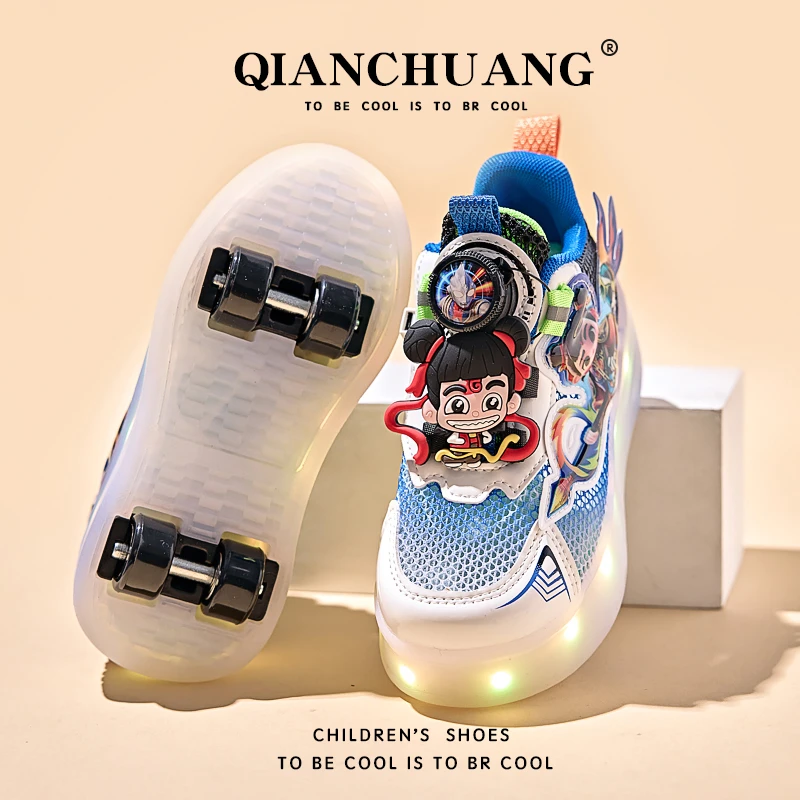 哪吒童鞋网面透气暴走鞋男童两穿四轮轮滑鞋闪灯运动鞋溜冰儿童鞋