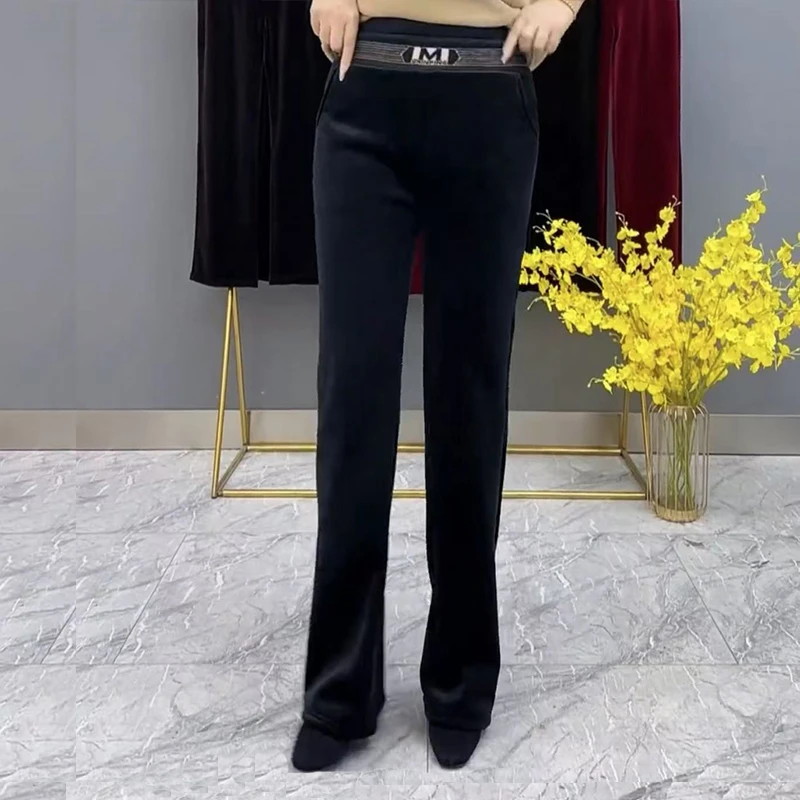冬季加绒女士新款裤子高弹力梧桐裤子秋冬出游服装女装微喇直筒裤