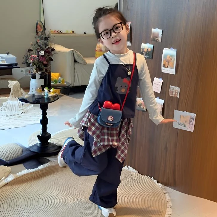 2025秋季女童韩版真两件T恤格子屁帘工装套装儿童洋气三件套童装