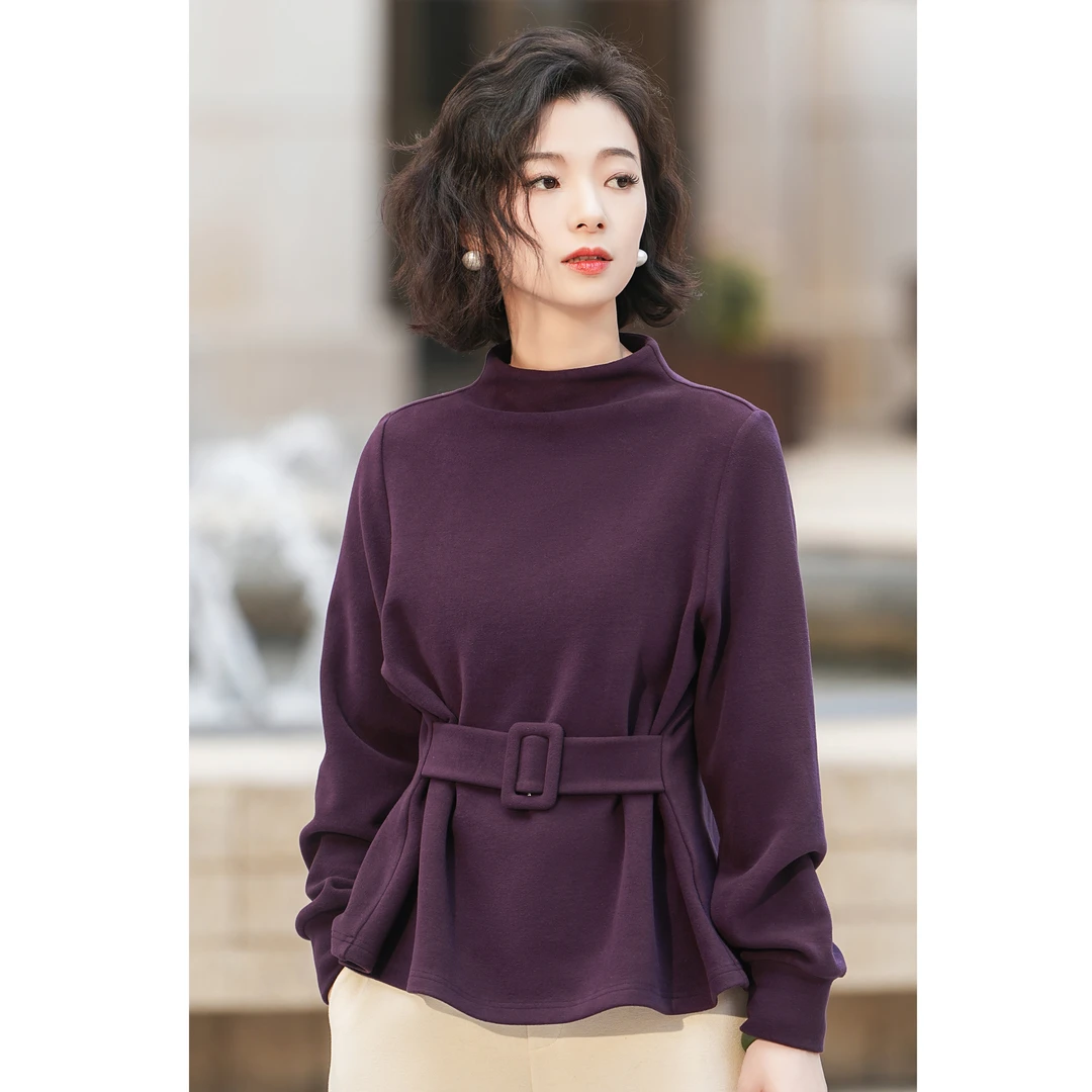 西子/【紫檀】醋酸羊毛混纺圆领洋气时髦收腰上衣/SYBH662