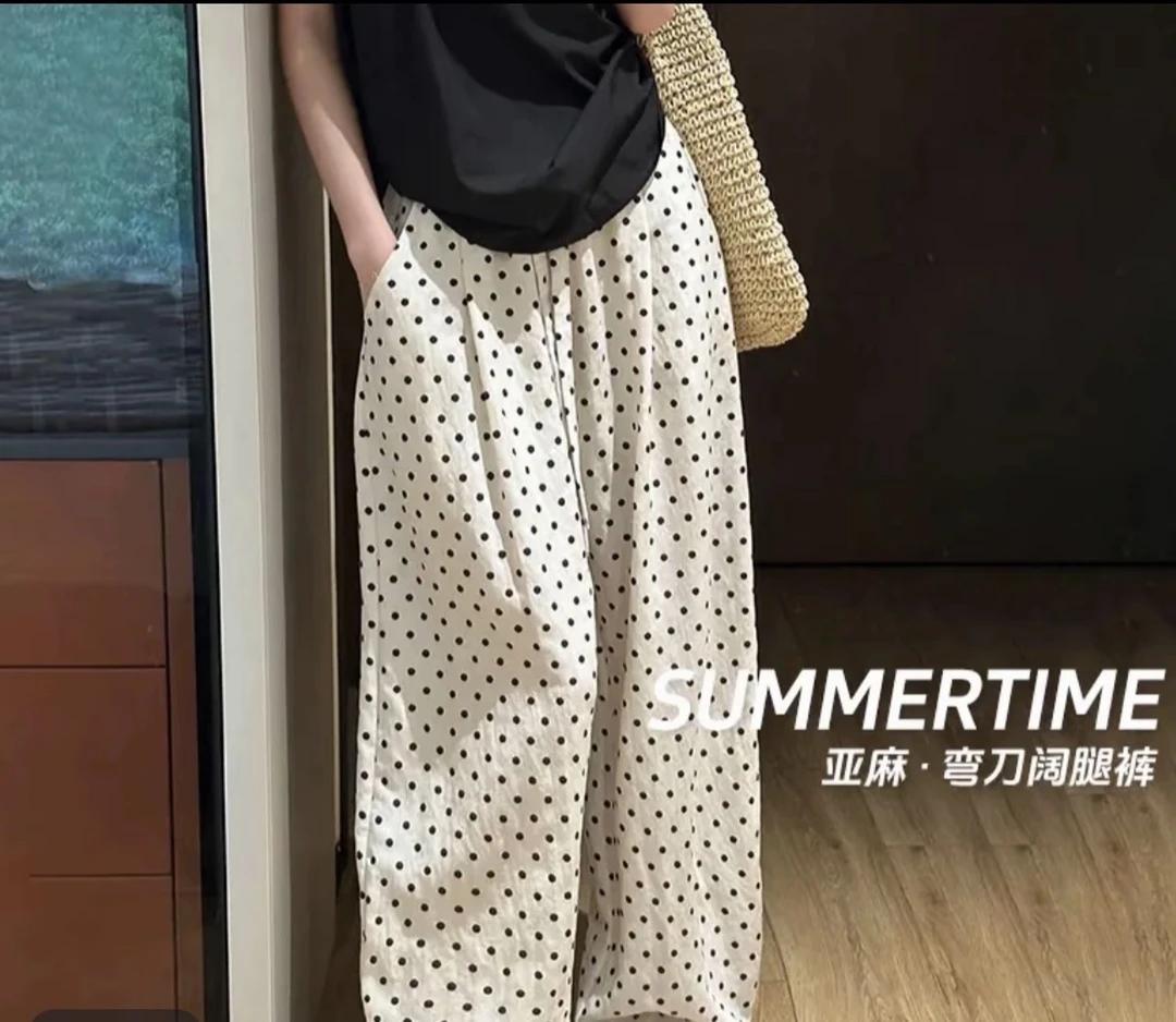 重工亚麻~波点印花松紧腰薄款棉麻休闲裤女夏季松弛感阔腿弯刀裤7