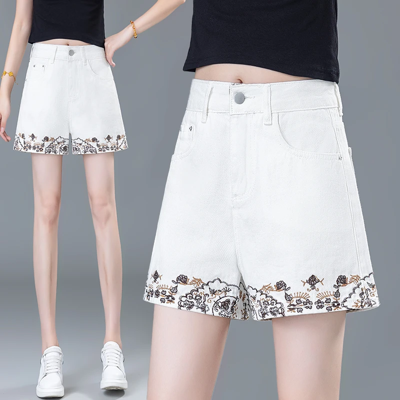 中国风刺绣白色牛仔短裤女2025夏季气质高腰宽松显瘦A字阔腿热裤