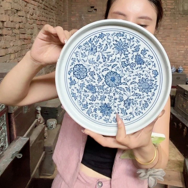 摆件景德镇高温陶瓷缠枝莲茶盘