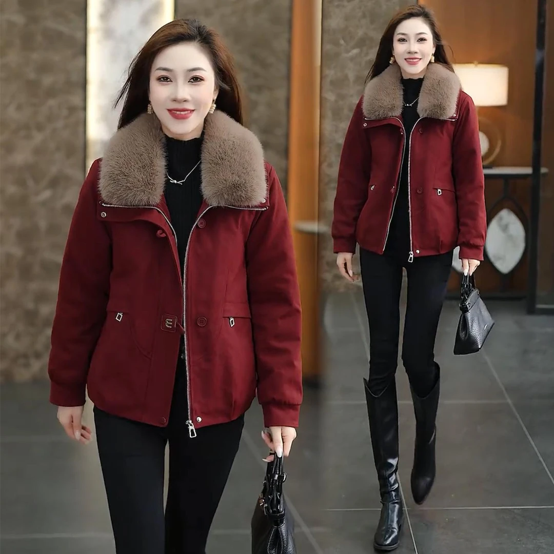 时尚加绒加厚毛领棉衣女2025冬季新款洋气显瘦百搭保暖棉服外套潮