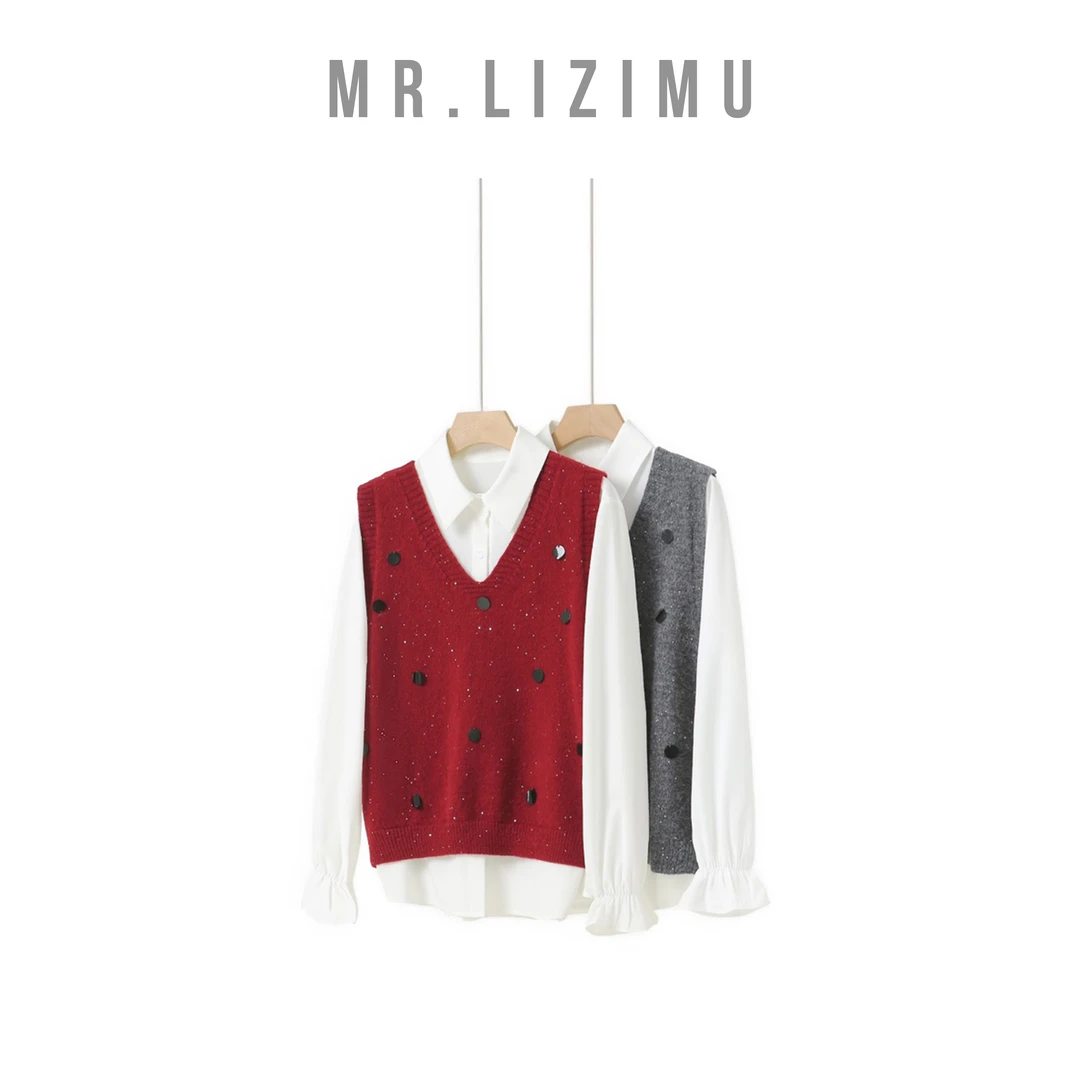 李子木先生时尚洋气休闲亮片马甲衬衫两件套2025新款设计感上衣