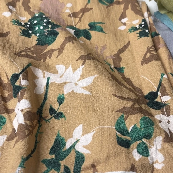 棉混纺卡其色麻棉印花2米